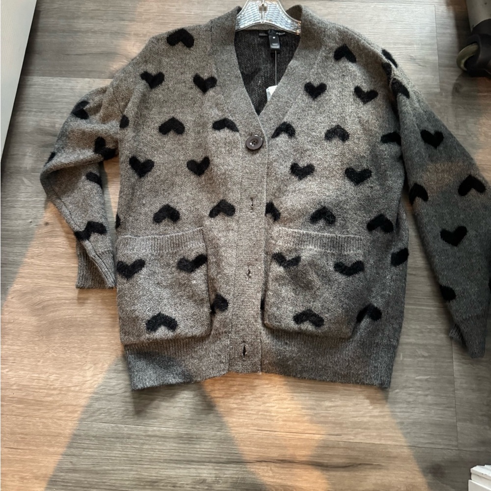 Aqua Heather Gray Knit Cardigan with Black hearts Detailing XS